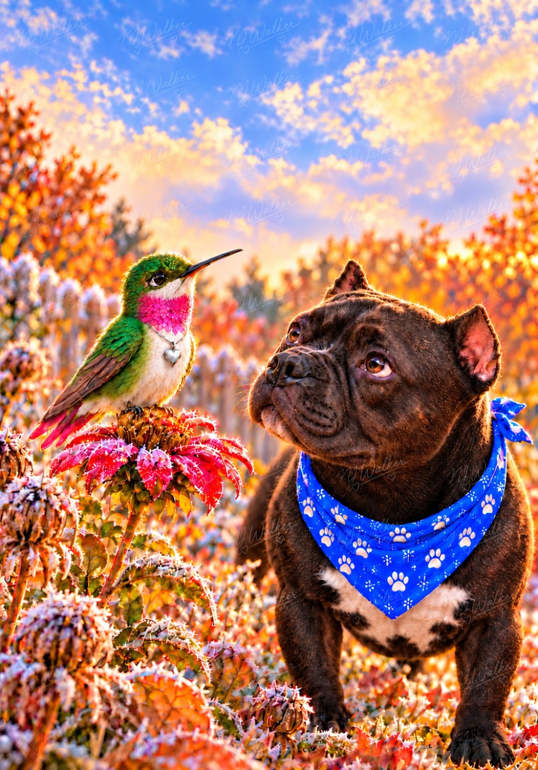 Official approved artwork of Biscuit in his blue bandana beside Maria the hummingbird with her silver heart necklace, in an autumn garden
