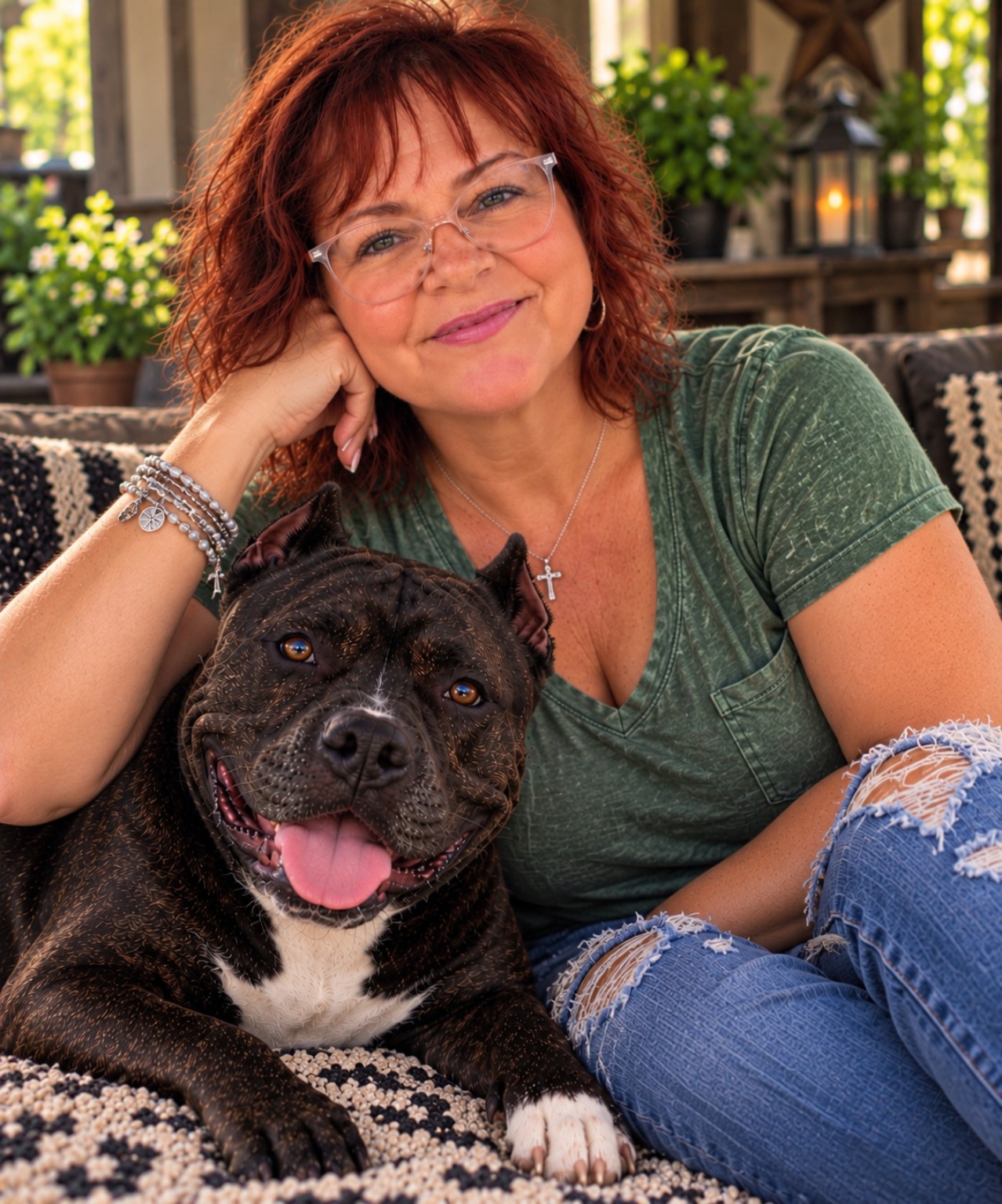 NJ Walker and her real dog Biscuit together on the porch